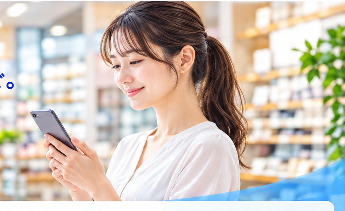 店舗でスマートフォンを見る女性